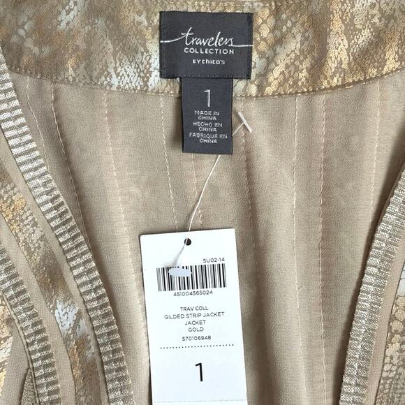 NEW CHICO’S Travelers Gilded Stripe Open Sheer Light Jacket SZ 1 M Tan Metallic - Picture 10 of 12